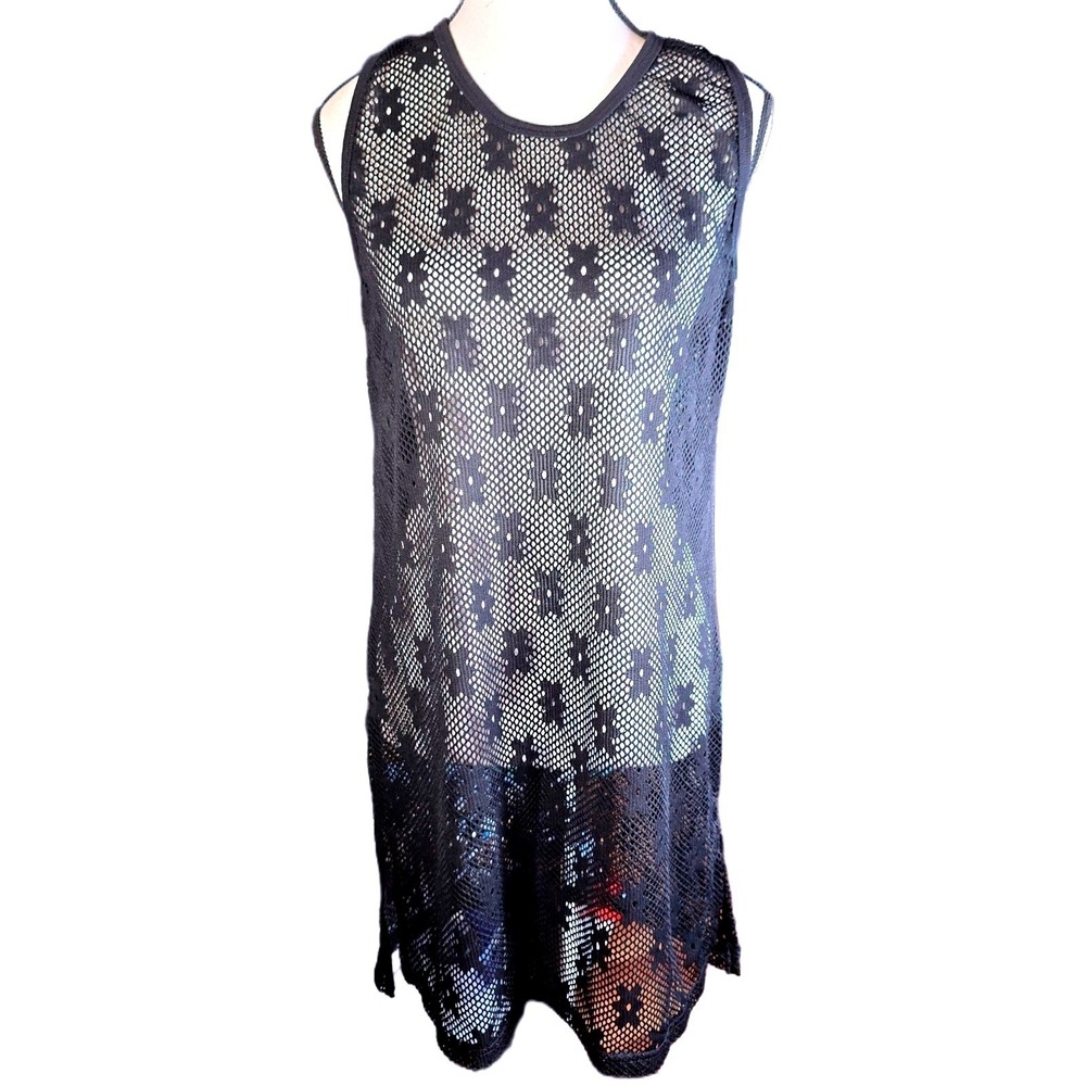 Vtg Third Coast Black Floral Mesh Tunic Whimsigoth Y2K Grunge Fishnet Cover Up M